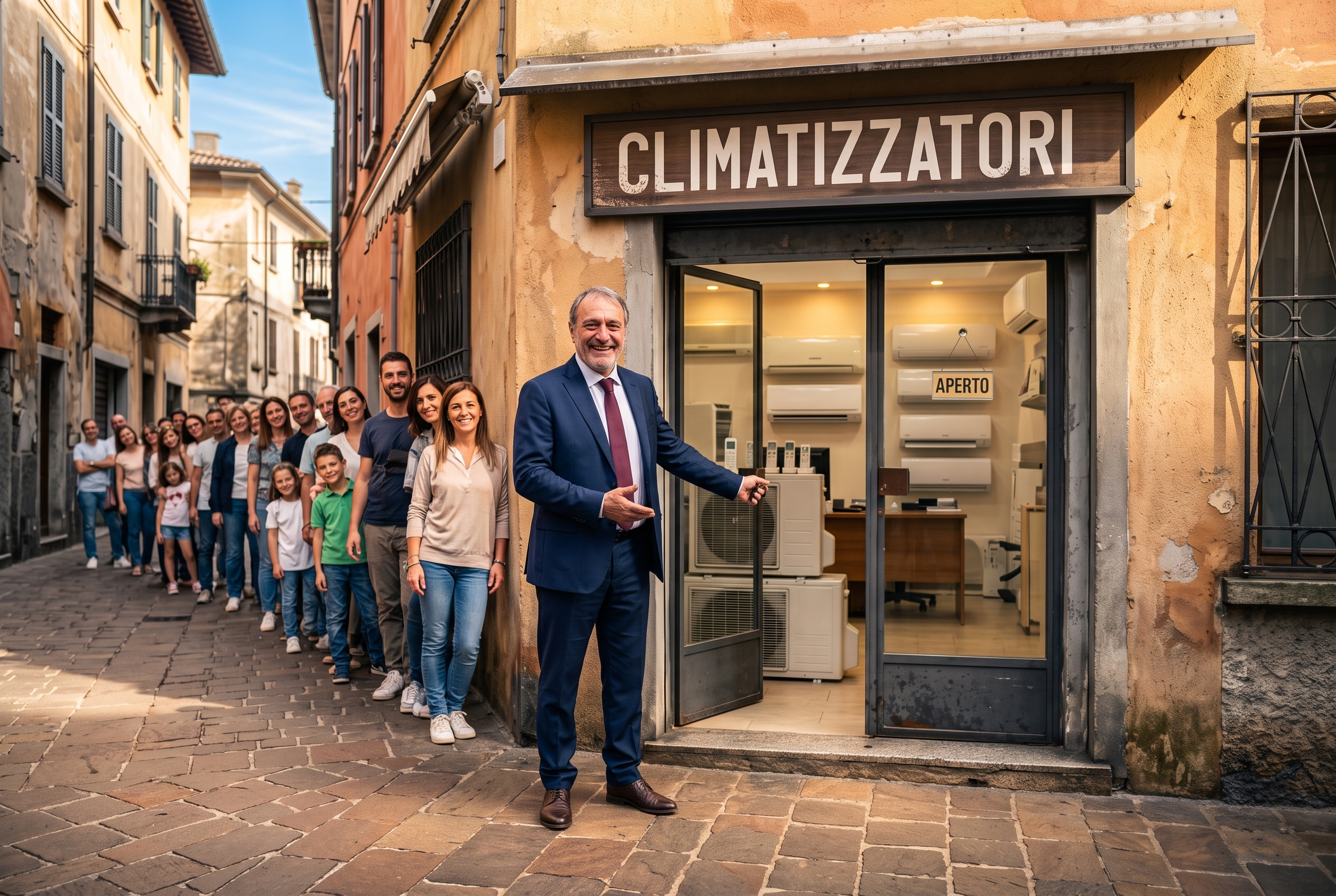 Clienti in coda fuori dal negozio di climatizzazione
